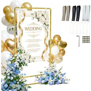 Wedding Welcome Sign Stand, Adjustable Linen Welcome to Our Wedding Sign Holder, Elegant Welcome Sign Easel with Hanging Straps for Seating Chart, Banner, Ceremony Decor (Gold, 54"-69")