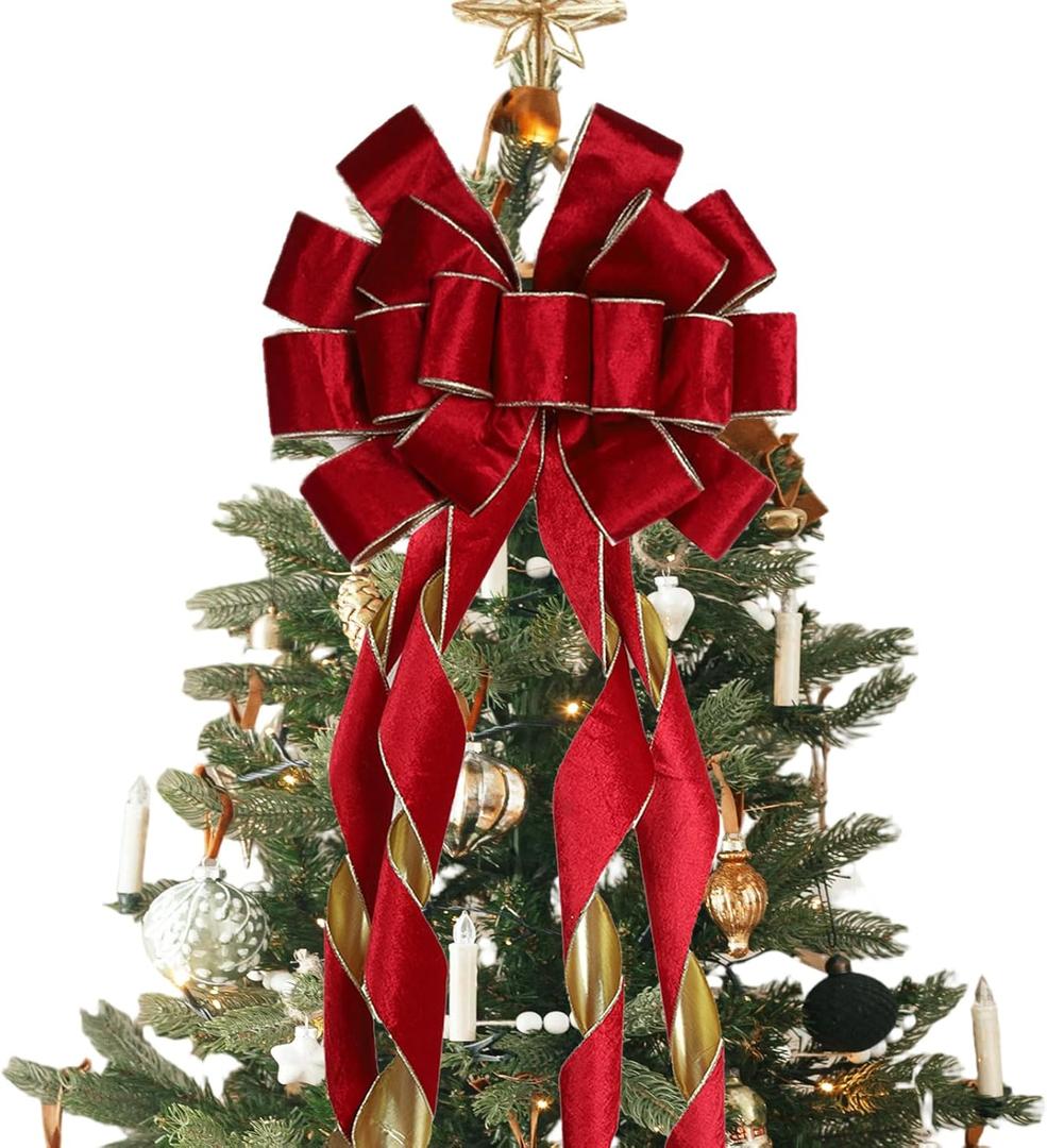 LaRibbons Large Red Velvet Christmas Tree Topper Bow, 13"x51" Holiday Ribbon Tree Topper, Classic Christmas Tree Decoration with Gold Trim, Xmas Indoor Outdoor Ornament