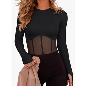 Women's Mesh Bodysuit Long Sleeve Body Suits Sexy Black Large