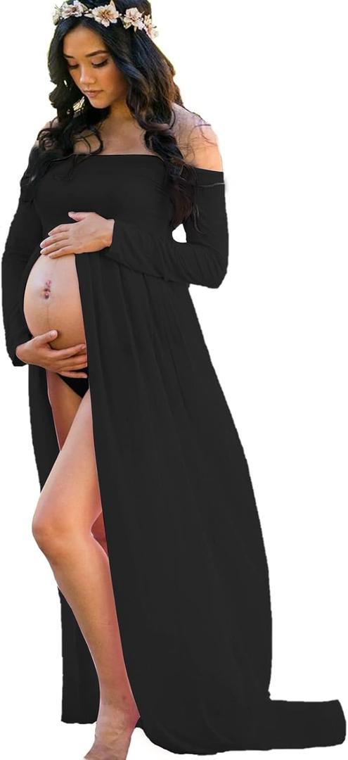 YnimioAOX Women's Off Shoulder Long Sleeve Maternity Dress for Photography Chiffon Maternity Gown for Photoshoot (Black)