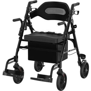 Walkers for Seniors with Seat, 2 in 1 Rollator Walker & Transport Chair with Reversible Backrest & Detachable Footrests, Folding Wheelchair with 8" Anti-Slip PU Wheels, Black