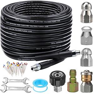 ZOFINE Sewer Jetter Kit for Pressure Washer 100FT, 5800PSI Drain Cleaner Hose 1/4 Inch NPT Corner, Rotating and Button Hose Sewer Jetting Nozzle Pearl Corsage Pin Waterproof Tape with 2 Spanner