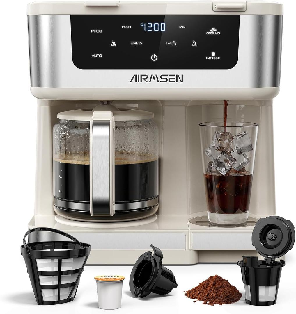 AIRMSEN 12-Cup Programmable Dual Coffee Maker – Single Serve Machine for K-Pods & Ground, 1000W Fast Brew, Delay Start, 2H Keep Warm, Touchscreen, 60oz Tank, Glass Carafe – Home & Office