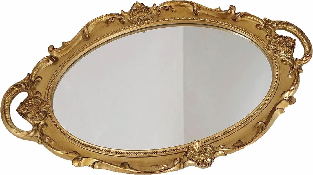 Schones Geschaft Decorative Mirror Tray, Makeup Jewelry Perfume OrganizerVintage Oval Display and Serving Tray for Bedroom Living-Room Dresser Decor (14.6x 9.8) (Golden - Oval)