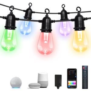 Outdoor String Lights, 15 Shatterproof LED Bulbs, Dimmable Color Changing Lights for Patio, Music Sync Smart Decor (48ft)