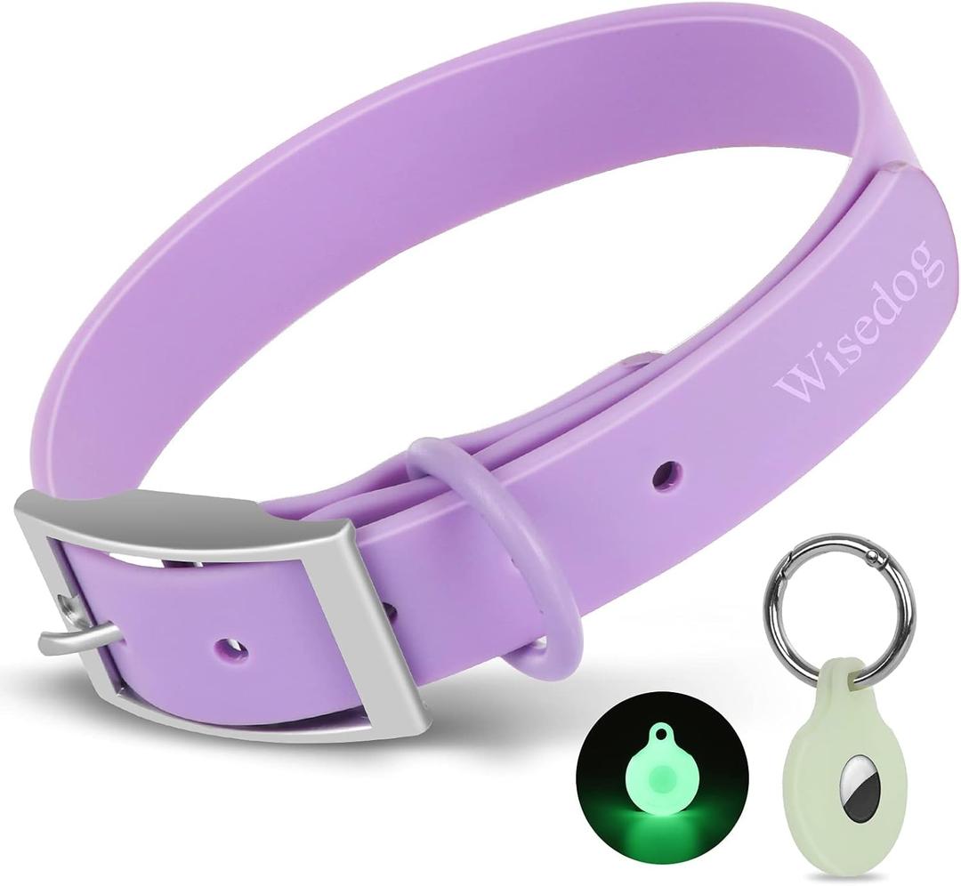 Wisedog Waterproof Dog Collar with Airtag Holder, Adjustable Soft Rubber Coated Webbing, Odor-Proof and Easy to Clean for Medium Dogs (M) 12"-16" 4/5 in, Lilac)