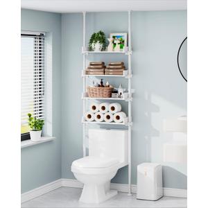 ALLZONE 4 Tier Over The Toilet Storage, Adjustable Wood Over Toilet Bathroom Organizer, Freestanding Shelves, Fit Most Showers Over The Toilet Shelf, 92 to 116 Inch Tall, White