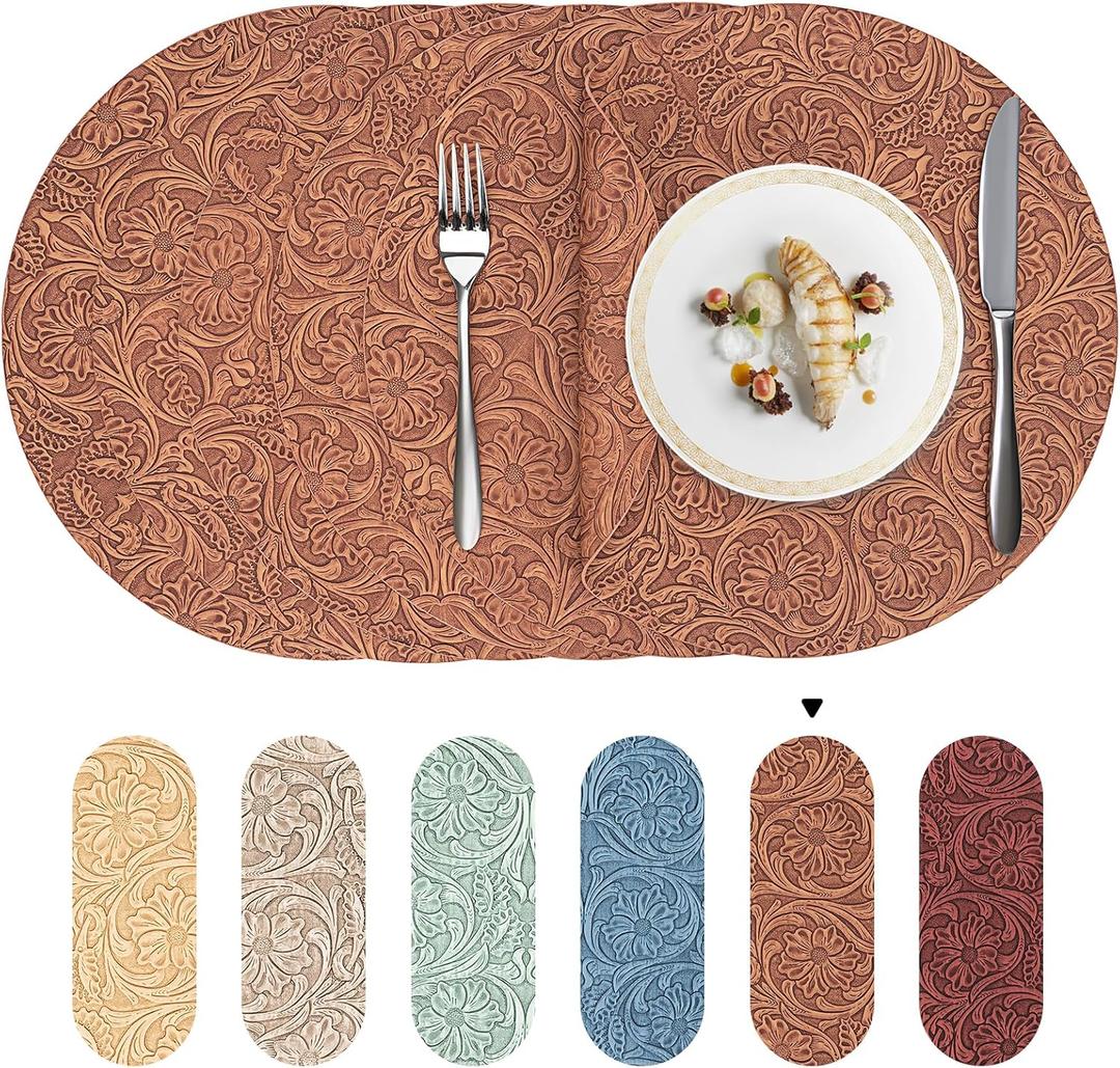 Pack Of 4 
Faux Leather Round Placemats with Vinyl Surface – Heat Resistant, Wipeable Dining Table Placemats for Kitchen or Small Tables – Embossed Handmade Design – Individuales Redondos