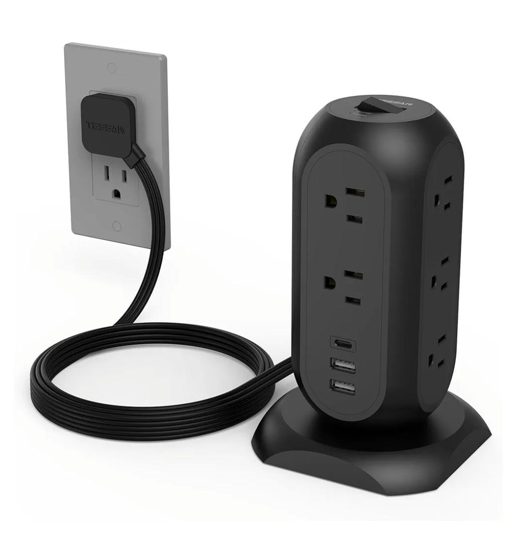 TESSAN Surge Protector Power Strip Tower with 3 USB Ports 11 Outlets, 1625W/13A, Black Extension Cord 6 Feet, 1050J Protection Desktop Charging Station for Office School Dorm Room Essentials