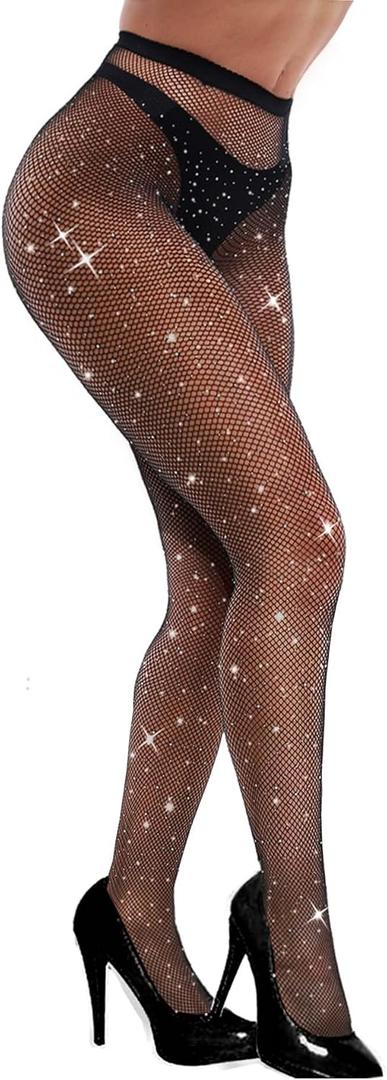 VEBZIN Sexy Sparkly Fishnets Stockings Jeweled High Waist Fishnet Tights for Women Rhinestone Party Pantyhose (Black)