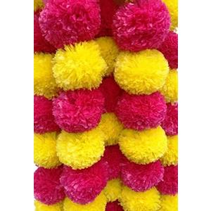5 Pc Marigold Garland 5 Ft Long Strands of Artificial Marigold Flowers Diwali Decorations Home Indian Décor for Pooja Wedding Spring Bush Floral Faux Día de Muertos Décor (Magenta+Yellow)
