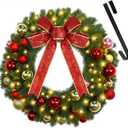 Juegoal 21 Inch Pre-Lit Christmas Wreath with Metal Hanger, Lighted Xmas Folded Wreath with 60 LED Lights, Red Bow and Colorful Balls, Battery Operated & Timer for Outdoor Home Window Wall Front Door