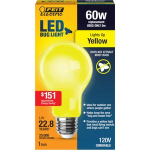 Feit Electric A19 Outdoor LED Bug Light, 60-Watt Equivalent, Non-Dimmable LED Light Bulb, E26 Medium Base, 120V, 22 Years Lifetime, Yellow, Pack of 1, A19/BUG/LED/BX