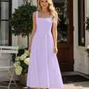 Kaximil Women's Square Neck Sleeveless A Line Maxi Dress Smocked Ruffle Flowy Casual Long Dresses (Purple, S)