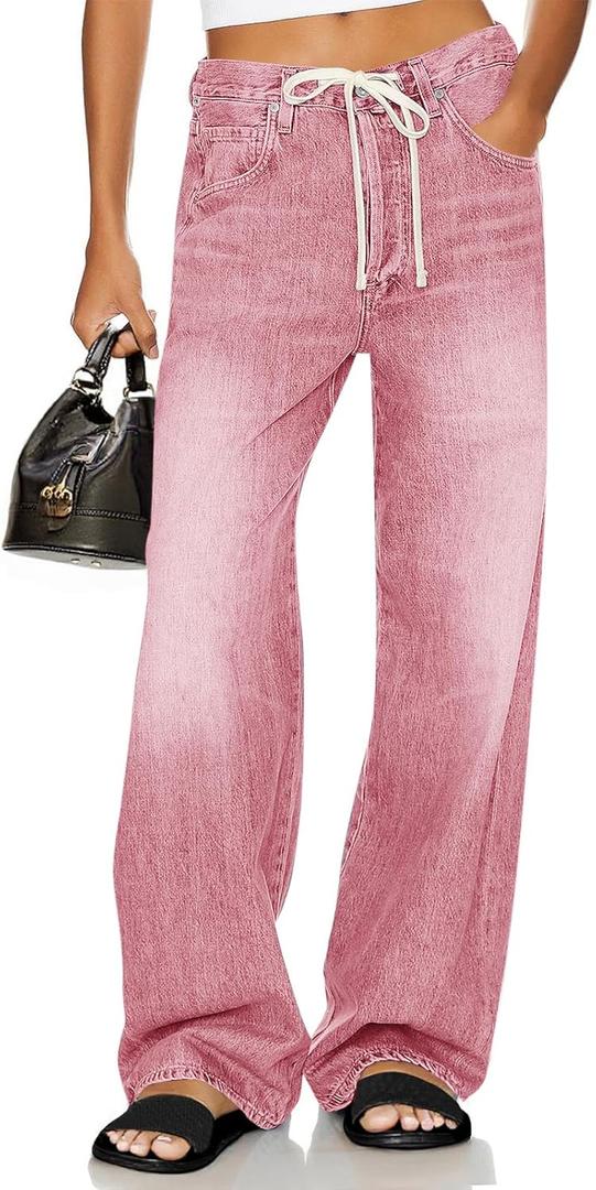 Cicy Bell Womens Wide Leg Jeans Drawstring High Waisted Baggy Straight Leg Jeans Trendy Boyfriends Denim Pants with Pockets Pink (Pink)
