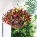 HyeFlora Artificial Faux Hanging Plants Flowers Basket for Summer Outdoor Outside Decoration, Fake Silk UV Sun Resistant Look Real Colorful Daisy Eucalyptus for Porch Home Patio Balcony Yard