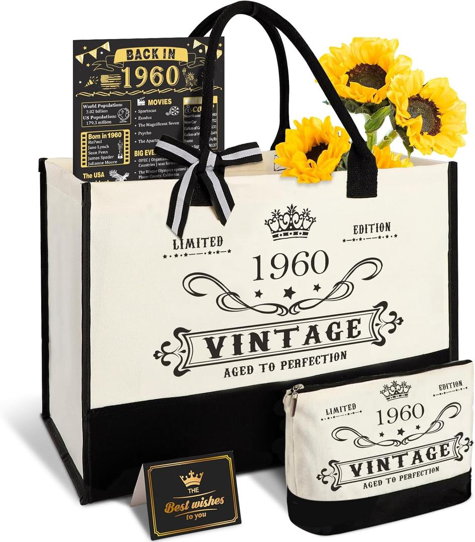 65th Birthday Gifts for Women Canvas Tote Bag Travel Gear, Unique 65 Years Old Birthday Gifts for Mom Wife Aunt Friends Her, Vintage 1960 Handbag & Cosmetic Bag & Back in 1960 Poster
