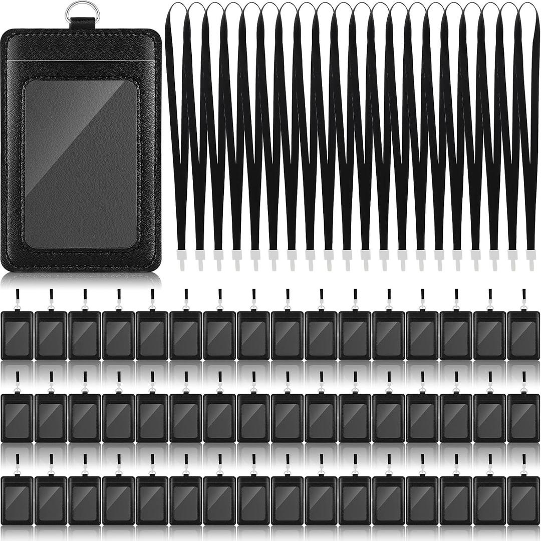 Ireer 48 Pcs ID Badge Holder with Lanyard, PU Leather Card Holder Vertical with Clear ID Access Card Window, Slot for Office Work, School Student, Black