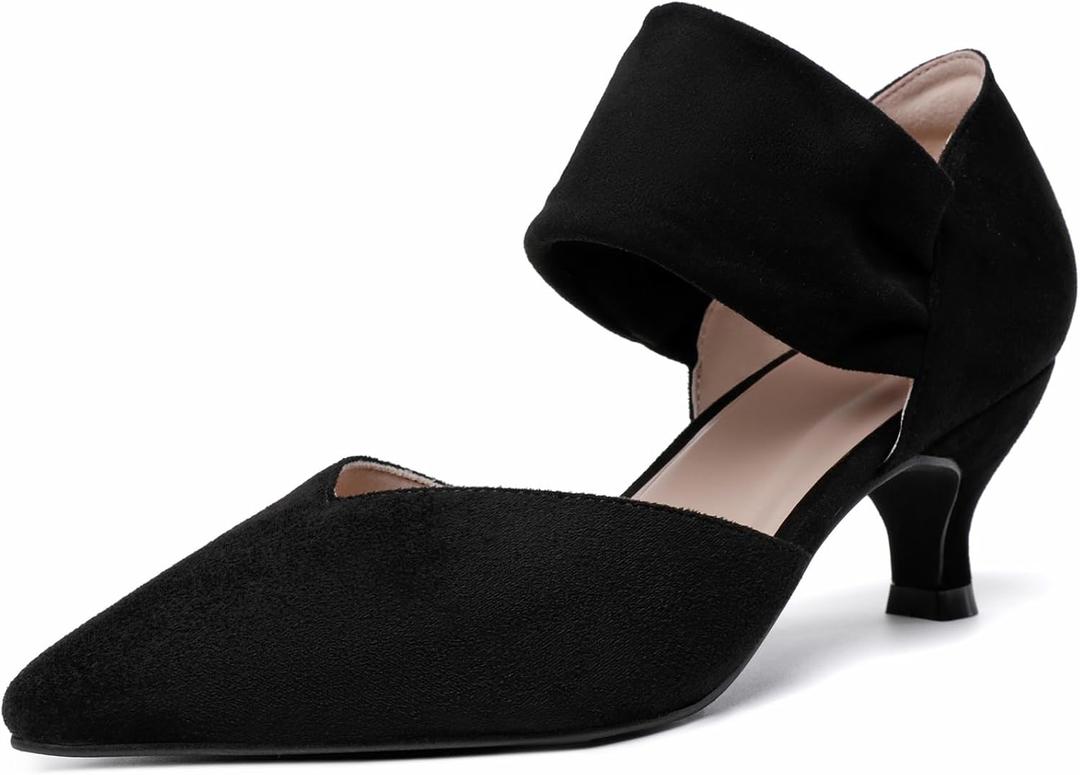 RIBONGZ Kitten Heels for Women Closed Toe Comfortable Low Heels Pointed Toe Sexy Slip on Pumps Bridal Party Dressy Shoes (11, Black)