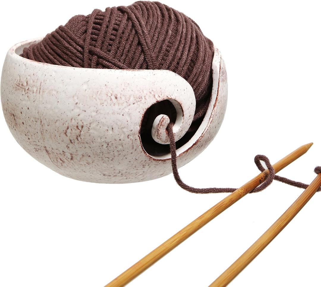 MyGift Cream Ceramic Tangle-Free Yarn Ball Bowl, Rustic Handcrafted Knitting Crochet Bowl with Cut Out Swirl