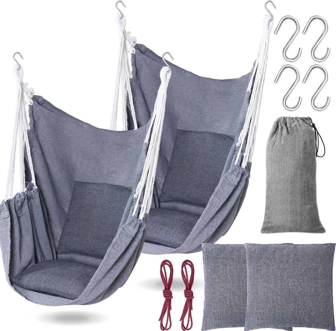 Beeveer 2 Pieces Hammock Chair Hanging Rope Swing Large Swing Chair Seat Cushion Included for Indoor Outdoor Home Bedroom Patio Yard Balcony,Max 300 Lbs(Gray)