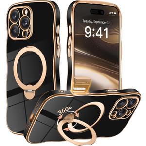 GVIEWIN for iPhone 16 Pro Max Case with 360 Magnetic Stand, [Compatible with MagSafe][Full Camera Protection][Non-Yellowing] Cute Slim Electroplated Wave Shockproof Phone Case 6.9", Black