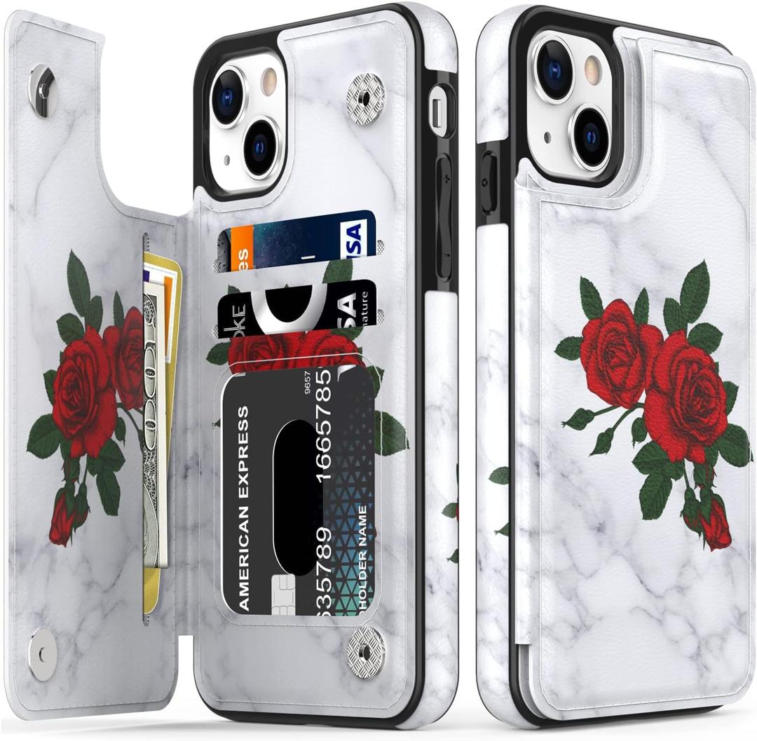 LETO for iPhone 13 Mini Case,Flip Folio Leather Wallet Cover with Fashion Flower Designs for Girls Women,Built-in Card Slots Kickstand Protective Shell Roses and Marble