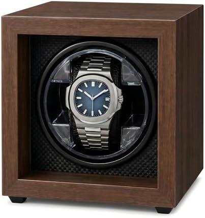 Automatic Single Watch Winder Box for Rolex and Other Watches, Handcrafted Wood Display Case, Self Winding Watch Winder Box with Quiet Motor, Carbon Fiber Interior & Soft Watch Pillow, Dark Walnut