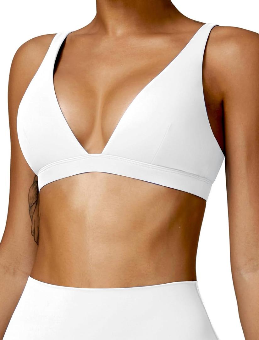 ABOCIW Womens Deep V Neck Sports Bra Padded Low Impact Fitness Yoga Bra U Back Wireless Gym Workout Bra Crop Top (Small, White)