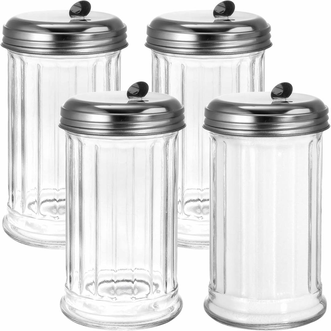 Tebery 4 Pack Sugar Shaker Dispenser Airtight, 12 Oz Thick Glass Sugar Pourer Container with Pour Flap Lid, Powdered Creamer Spice Dispenser for Coffee Bar, Salt, Pepper, Retro Style