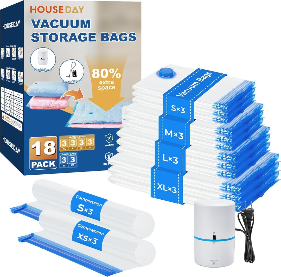 HOUSE DAY 18 Pack Vacuum Storage Bags with Electric Pump, Valve, Space Saver Vacuum Seal Bags for Clothing, Comforters, and Travel Essentials 3 Jumbo,3 Large,3 Medium,3 Small/3 Small,3 XS Roll Up Bag