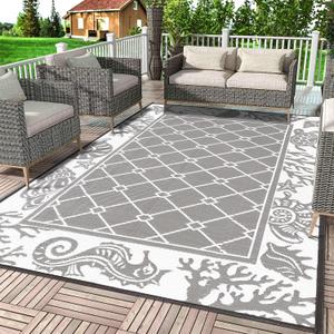 Vaukki Reversible Rugs, Plastic Straw Outdoor Doormat, Fade Resistant Plastic Outdoor Patio Mat, Lightweight Ocean Area Carpet for Patio, RV, Camping, Beach, Deck, Backyard and Picnic (Grey, 5'x8')