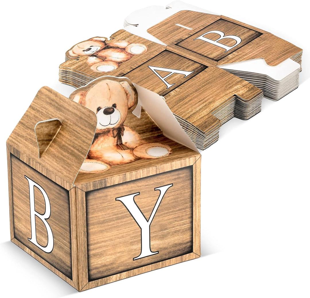 Estune 50 Pcs Bear Baby Shower Party Favor Boxes Cookies Candy Paper Favor for Birthday Gift Boxes Cute Baby party Supplies 3.5 x 3.5 x 2.75 Inch