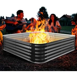Height 16.5 Inch, Square Galvanized Steel Fire Pit for Outside, Heavy Duty Steel Fire Pit In-Ground for Backyard, Camping, Bonfire, Flower Raised Garden Bed for Garden (4x4x1.5ft)