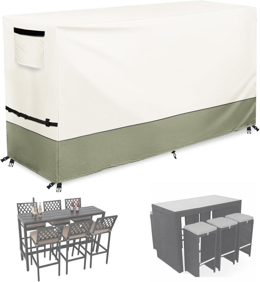 7 Piece Bar Height Patio Dining Set Covers,100% Waterproof Outdoor 76 Inch Rectangular High Wicker Bar Table and Chairs Sets Cover, Bar Table Set Covers for Patio Furniture Set, Beige