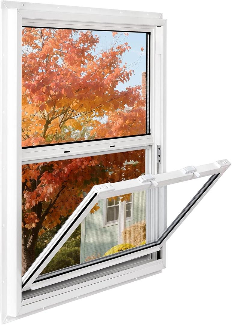 Vinyl Single Hung Sliding Window, 32" x 36" Household Window with Double-Pane Insulated Tempered Glass, White Energy-Efficient Soundproof Window for House, Mobile Home
