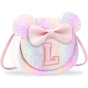 Toddler Purse Girl Wallet for 2-10 Year Old Birthday Gift, Personalized Kids Little Mouse Ear Bow Crossbody Shoulder Purse (Small-glitter-pinkletter)