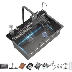 Smart Kitchen Sink 304 Stainless Steel Honeycomb Single Bowl Kitchen Sinks，Digital Display Double Waterfall Sink，With Pull-out Swivel Faucet，With Pressurized Cup Washer (29.5 x 18.1 inch)