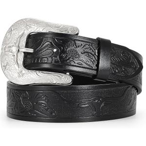 Women Men Western Belts Cowboy Cowgirl Country Belt Longhorn Bull Buckle Floral Embossed Belt for Jeans Dresses, 01-black(silver Buckle), Fit waist 32-35 inches