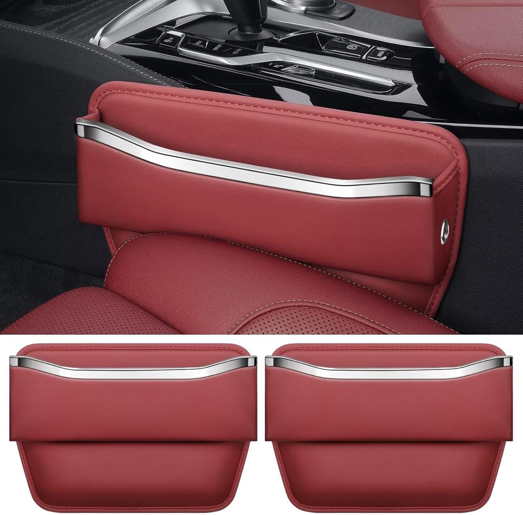 Car Seat Gap Filler - Premium Leather Car Organizer with Extra Storage - Organize and Secure Your Car Essentials - Fits Most Cars, SUV, Truck - 2 Pack - Red