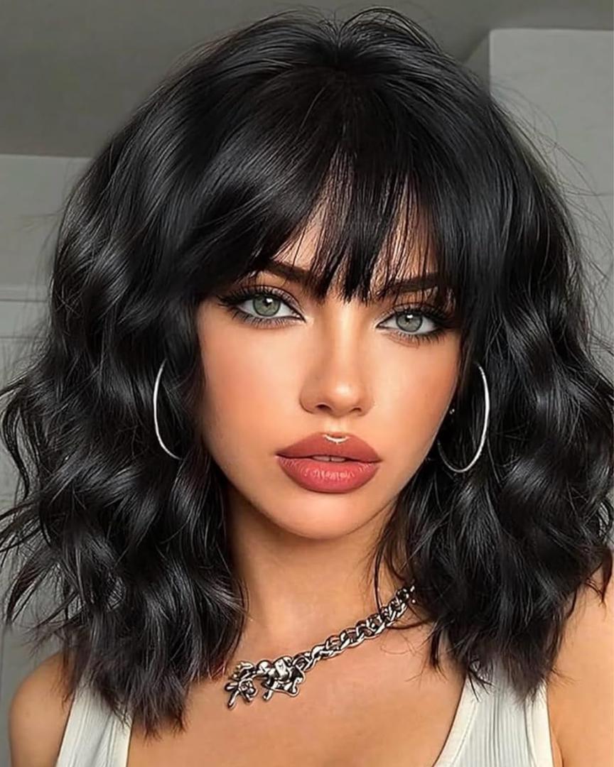 Short Bob Wigs 14 Inch Synthetic Black Wig with Bangs Natural Looking Heat Resistant Wavy Costume wig