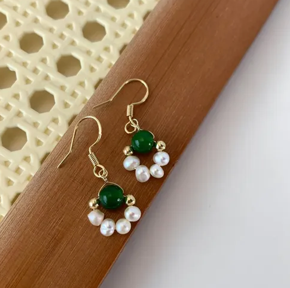 natural white Pearl green jade Earrings 14K Yellow Gold Over Yellow Gold crystal-pearl