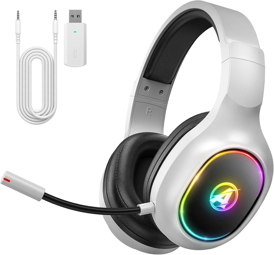 2.4GHz Wireless Gaming Headset with Wired Mode, 5.4 Bluetooth Gaming Headphones for PS5, PS4, PC, Switch, Mac, Computer, Over Ear Wireless Headset with Mic, Cool LED, Low Latency, White