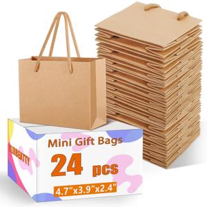 CLRBEATTY 24 Pcs Extra Small Gift Bags, 3.9 x 4.7 x 2.4 Inch Mini Kraft Paper Gift Bags with Handles for Wedding, Birthday, Baby Shower, Party Favors