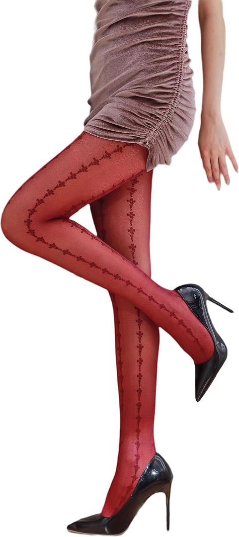 Sahabowi Women Tights, Sheer High Waist Pantyhose, Vintage Control Top Stockings, Siwa6 (One Size, Floral Wine)