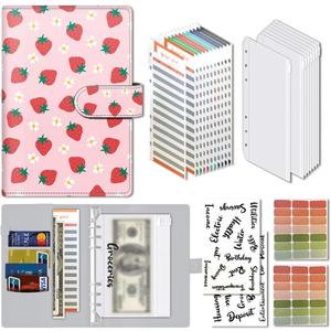 Budget Binder, Cute A6 Money Saving Binder with Zipper Envelopes, PU Leather Money Organizer for Cash, Expense Budget Sheets and Cash Envelopes for Budgeting Mini Strawberry Pattern