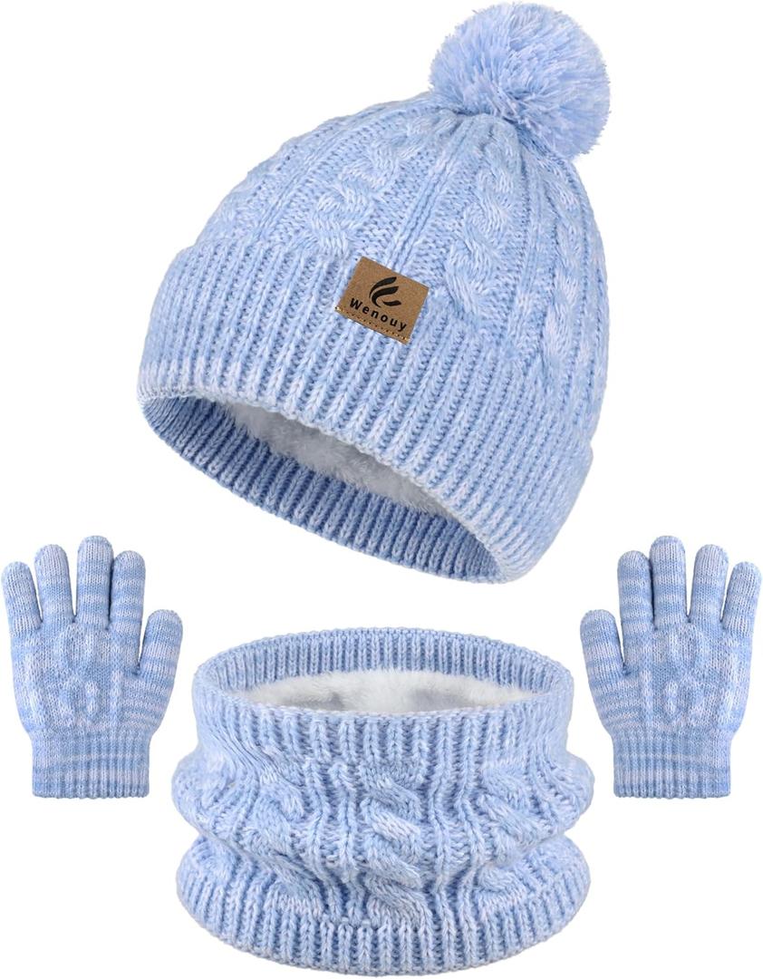 Kids Winter Hat Gloves Scarf Set Toddler Winter Beanie with Pom Knit Neck Warmer Fleece Lined Gloves for Boys Girls (2-8 Years, Blue Mix)