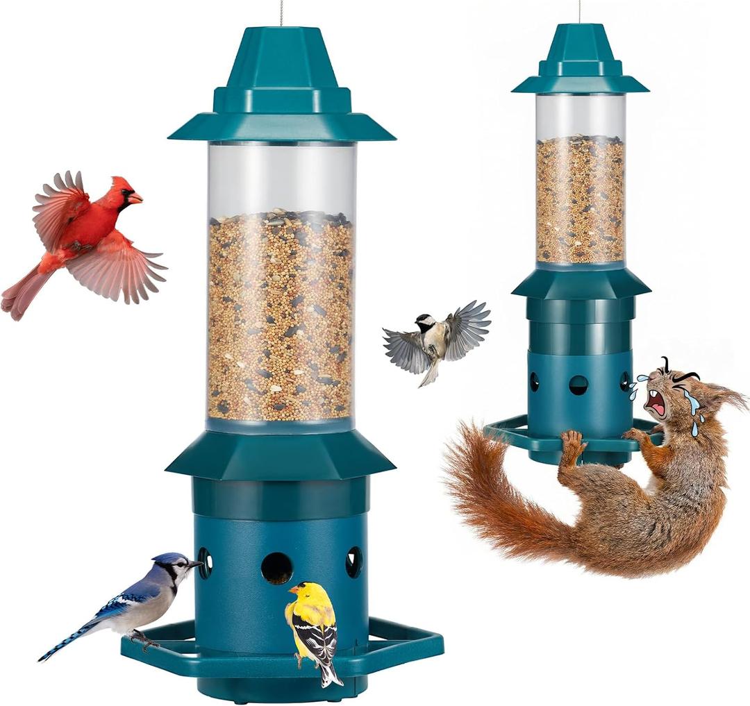 Kingsyard Squirrel-Proof Bird Feeder with Adjustable Weight-Activated Perch, Wild Bird Feeders for Outdoors Hanging, Weatherproof & 4 lb Large Seed Capacity, Dark Green