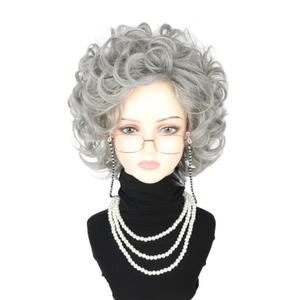 Old Lady Wig Costume Set for Women Short Curly Silver Grey Granny Wigs for Cosplay Old Woman Wig Halloween Party Wigs