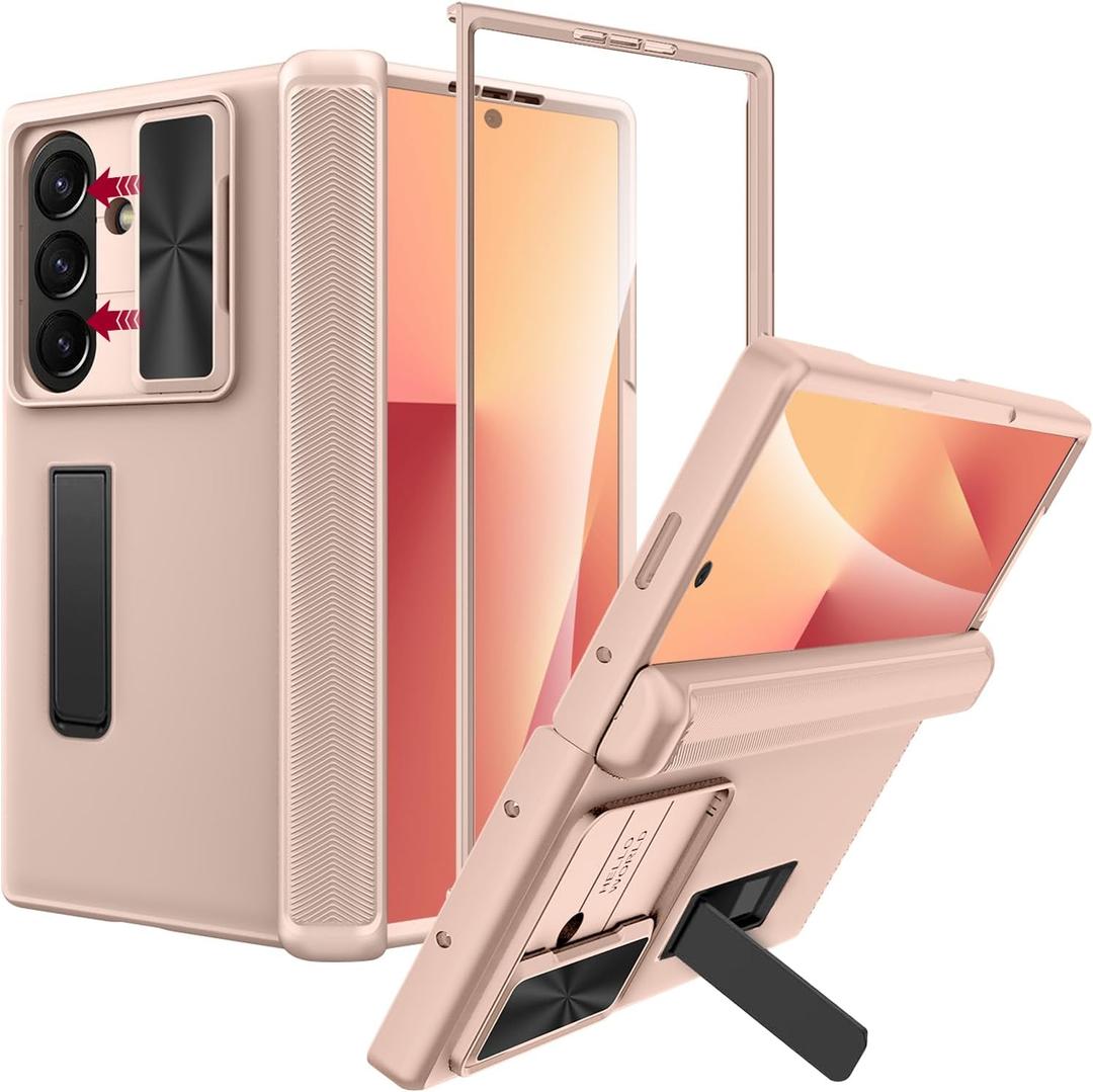 Miimall for Samsung Z Fold 7 Case with Hinge Protector, Camera Cover, Built-in Screen Protector & Hidden Kickstand, Slim Rugged Full-Body Military Protection Fold 7 Case Gold
